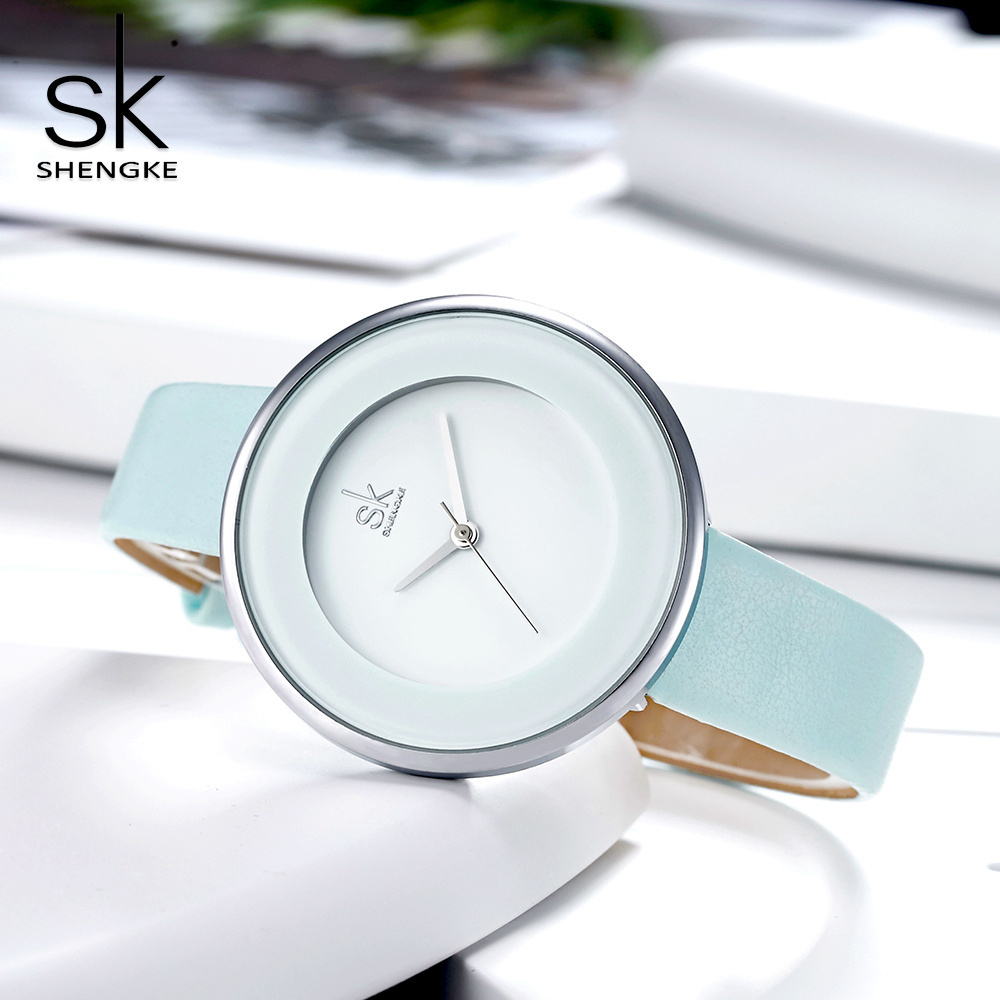 SHENGKE K0084 New Skyblue Leather Strap Buckle Women Watches 38 MM Big Top Brand Simple Dial Quartz Luxury Ladies Watch