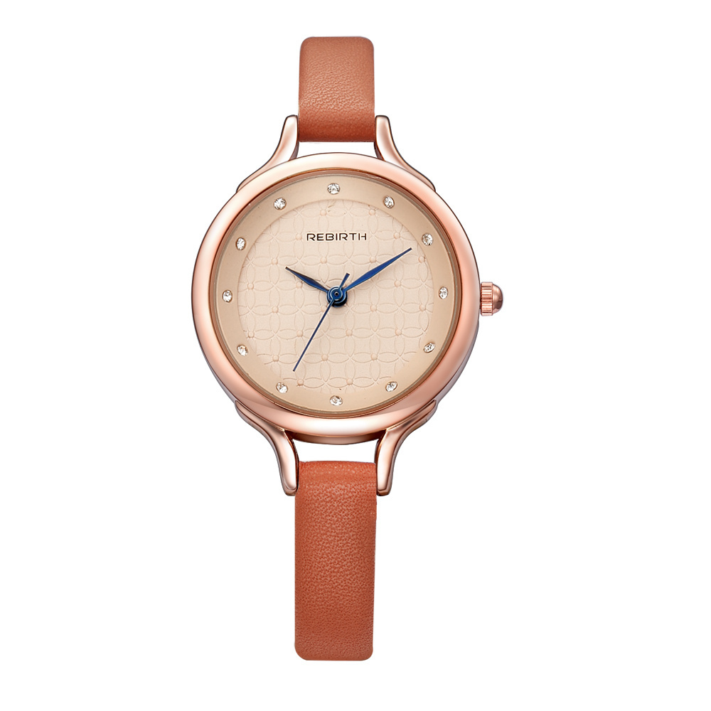 REBIRTH RE067 Hot Stone Quartz Watch Women Rose Gold Case Thin Leather Strap Watches Blue Analog Watches Women