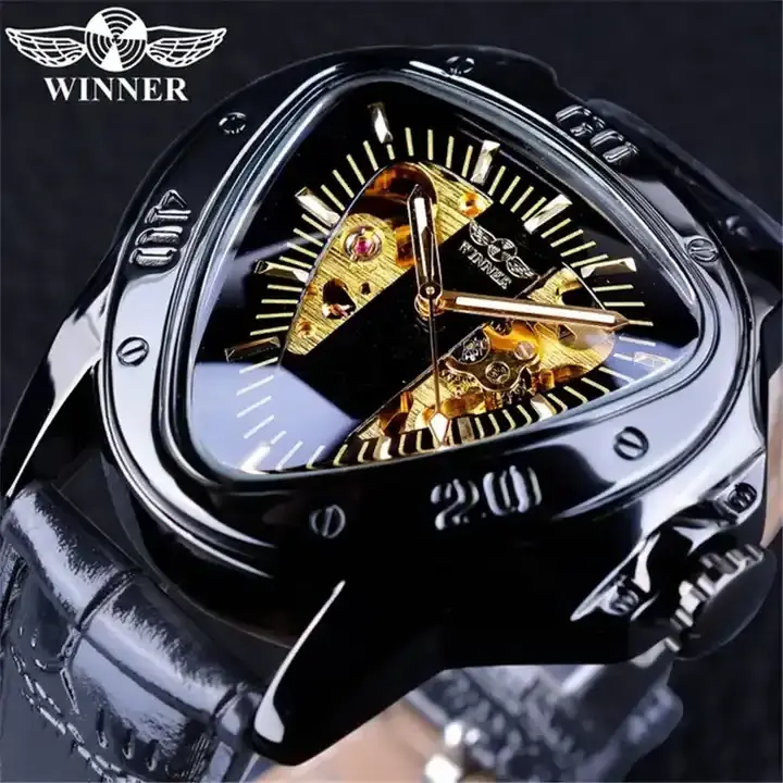 Winner Forsining 052G Golden Triangle Skeleton Watch for Men Mechanical Wristwatches Irregular Automatic Stainless Steel Strap