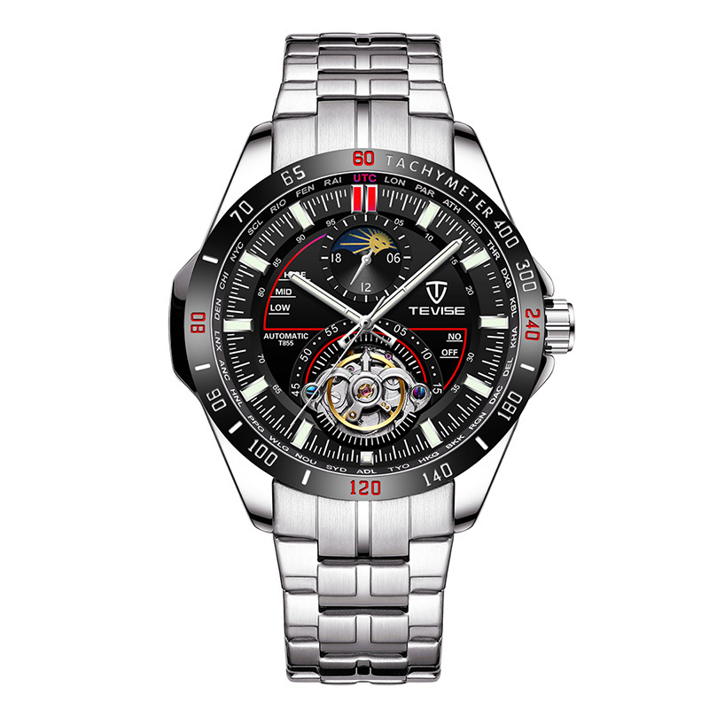 TEVISE t855 Men Business Automatic Mechanical Watches Sun Moon Phase Display Stainless Steel Cool Watch