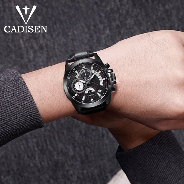 CADISEN 9016G Mens chronograph fashion leather steel strap quartz watches date  designer classic luxury watch