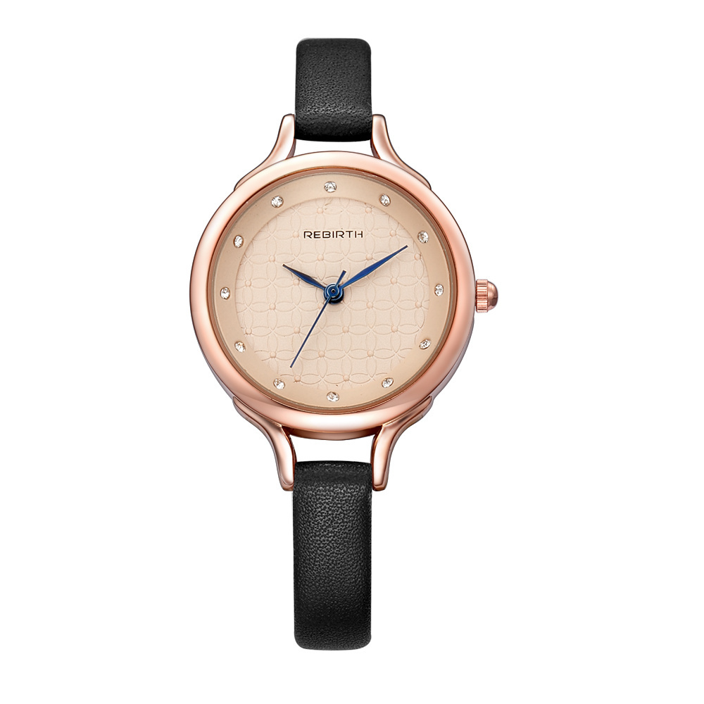 REBIRTH RE067 Hot Stone Quartz Watch Women Rose Gold Case Thin Leather Strap Watches Blue Analog Watches Women