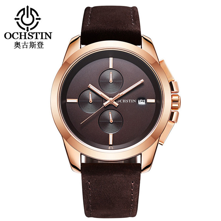 OCHSTIN AGQ059A Leather Watch Cuff Simple Display Analog Quartz Luxury Steel Case Day Watch For Men