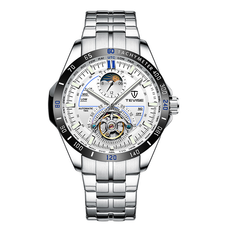 TEVISE t855 Men Business Automatic Mechanical Watches Sun Moon Phase Display Stainless Steel Cool Watch