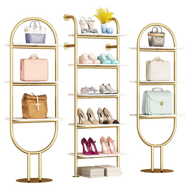 Multi-layer Shop Gold Metal Display Stand Gold Shoe Bag Storage Display Rack Arch Shelves for Perfumes Display