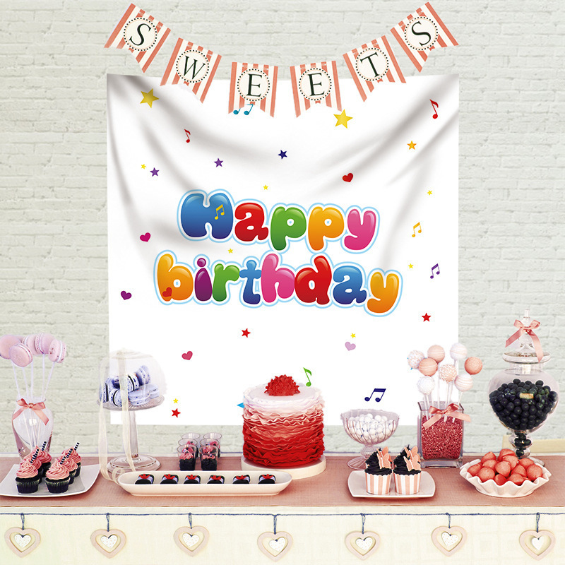 Hot Sale Happy Birthday Party Background Decorative Polyester Peach Skin Fabric Rectangle Home Wall Hanging Tapestry