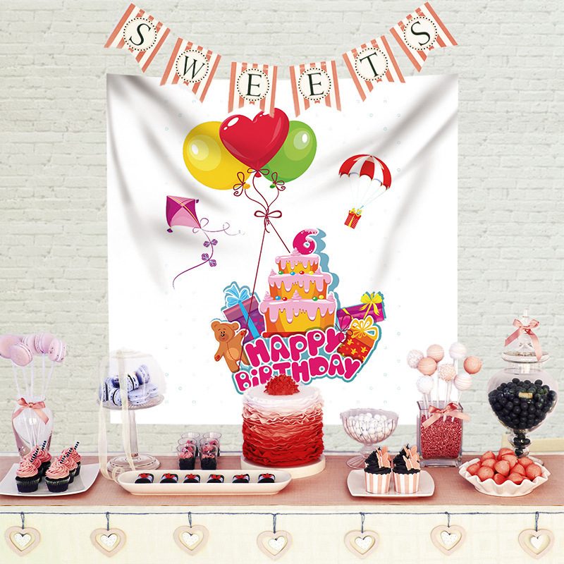 Hot Sale Happy Birthday Party Background Decorative Polyester Peach Skin Fabric Rectangle Home Wall Hanging Tapestry