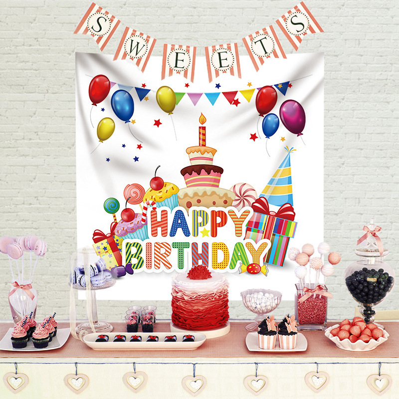 Hot Sale Happy Birthday Party Background Decorative Polyester Peach Skin Fabric Rectangle Home Wall Hanging Tapestry