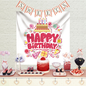 Hot Sale Happy Birthday Party Background Decorative Polyester Peach Skin Fabric Rectangle Home Wall Hanging Tapestry