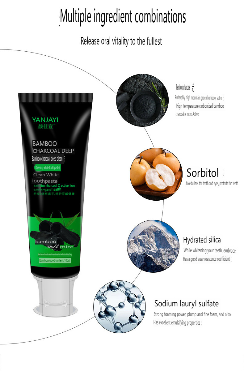 Bamboo charcoal toothpaste brightens teeth, freshens breath, removes tooth stains, smoke stains, removes yellowing, protects gum