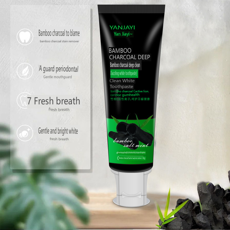 Bamboo charcoal toothpaste brightens teeth, freshens breath, removes tooth stains, smoke stains, removes yellowing, protects gum