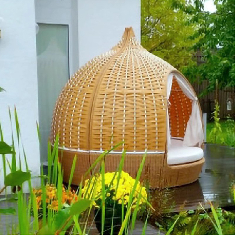 Patio Round Rattan Daybed Furniture Garden Backyard Swimming Pool Outdoor Rattan Wicker Birdcage Sun Bed