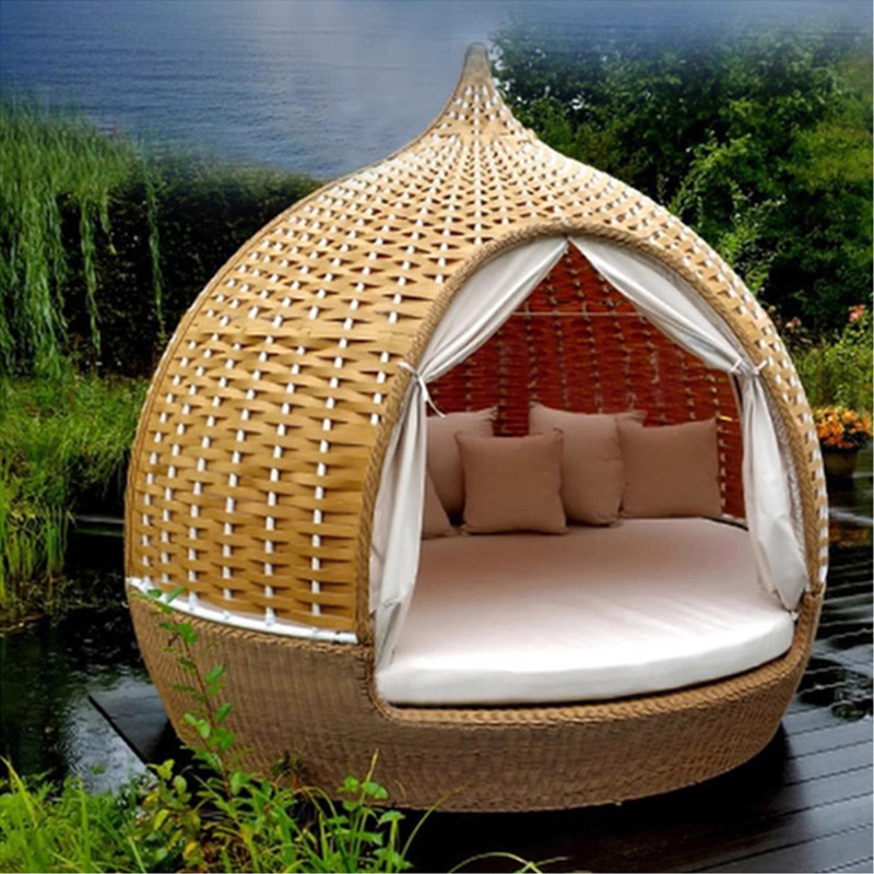 Patio Round Rattan Daybed Furniture Garden Backyard Swimming Pool Outdoor Rattan Wicker Birdcage Sun Bed