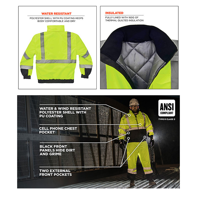 Jessubond Reflective Safety Clothing Insulated Men's Jacket Winter Waterproof Work Wear Hi Vis Reflective Hoodie