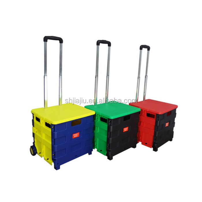 JOIN Lightweight Plastic Foldable Trolley Cart Shopping Crate Collapsible Cart Durable Rolling Wheels With Suit Lids And Handle