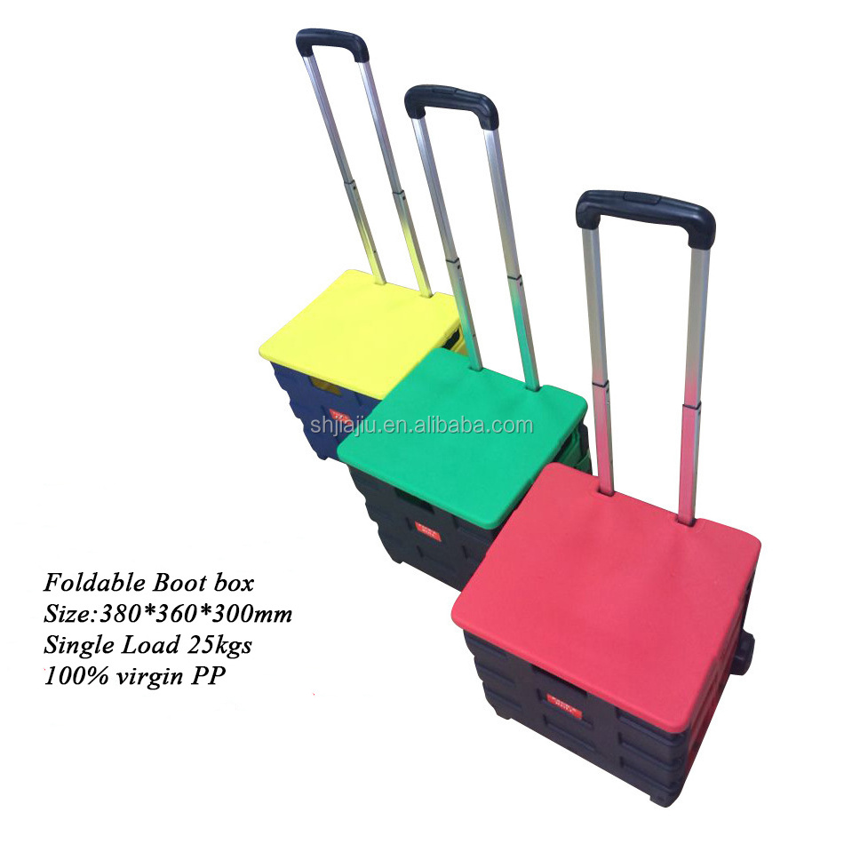 JOIN Lightweight Plastic Foldable Trolley Cart Shopping Crate Collapsible Cart Durable Rolling Wheels With Suit Lids And Handle