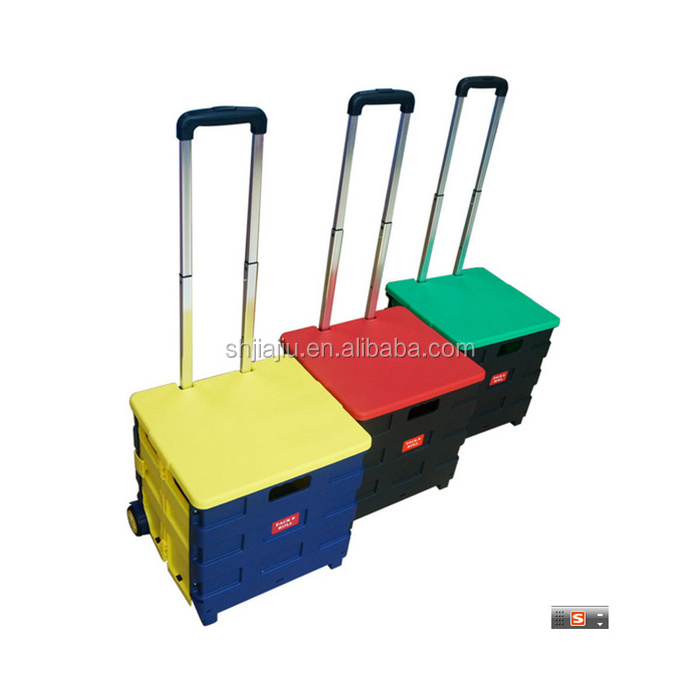 JOIN Lightweight Plastic Foldable Trolley Cart Shopping Crate Collapsible Cart Durable Rolling Wheels With Suit Lids And Handle