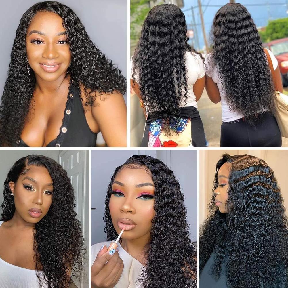 10A Water Wave Bundles Brazilian Human Hair with Closure Braid Kinky Curly Hair Extension Bundle Natural Black