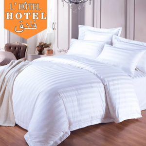 Customized  logo 100% cotton white bed linen 3cm striped hotel bedding set