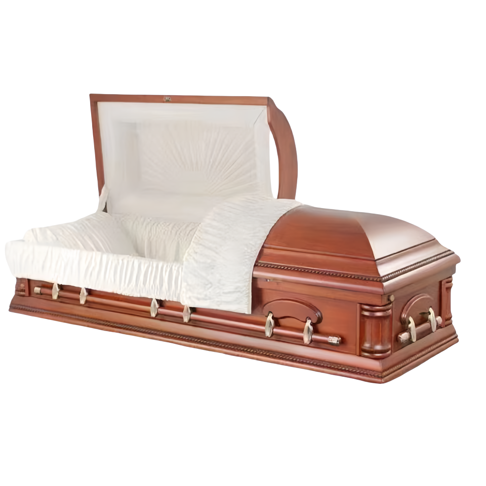 Funeral Half Lid Wooden Casket With Ivory Velvet Interior Burial Vault Combo Bed Wooden Cremation Casket And Coffin