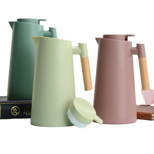 New Arrival 1L double wall vacuum glass inner plastic insulation water kettle with wooden handle nordic coffee thermos jug pot