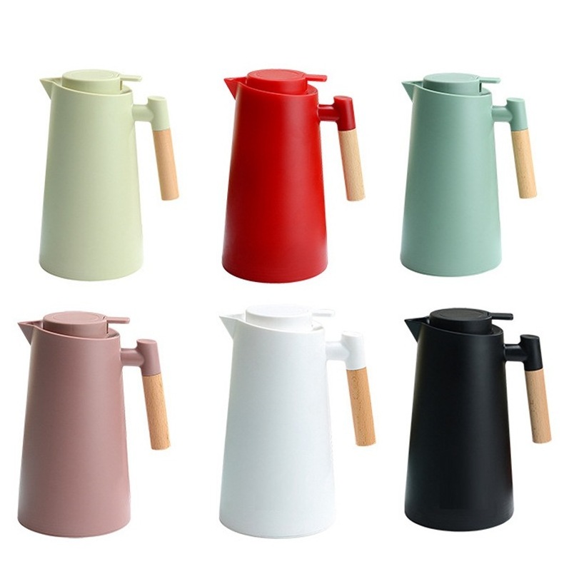 New Arrival 1L double wall vacuum glass inner plastic insulation water kettle with wooden handle nordic coffee thermos jug pot