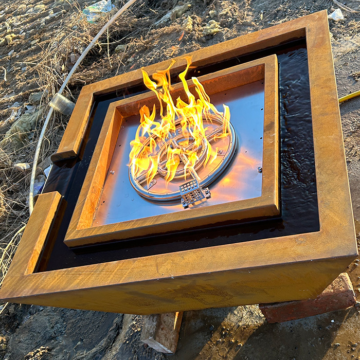 Gas Fire Pit Water Bowl Metal Rust Patio Square Firepit Propane Corten Steel Fire Pits with Waterfall for Swimming Pool