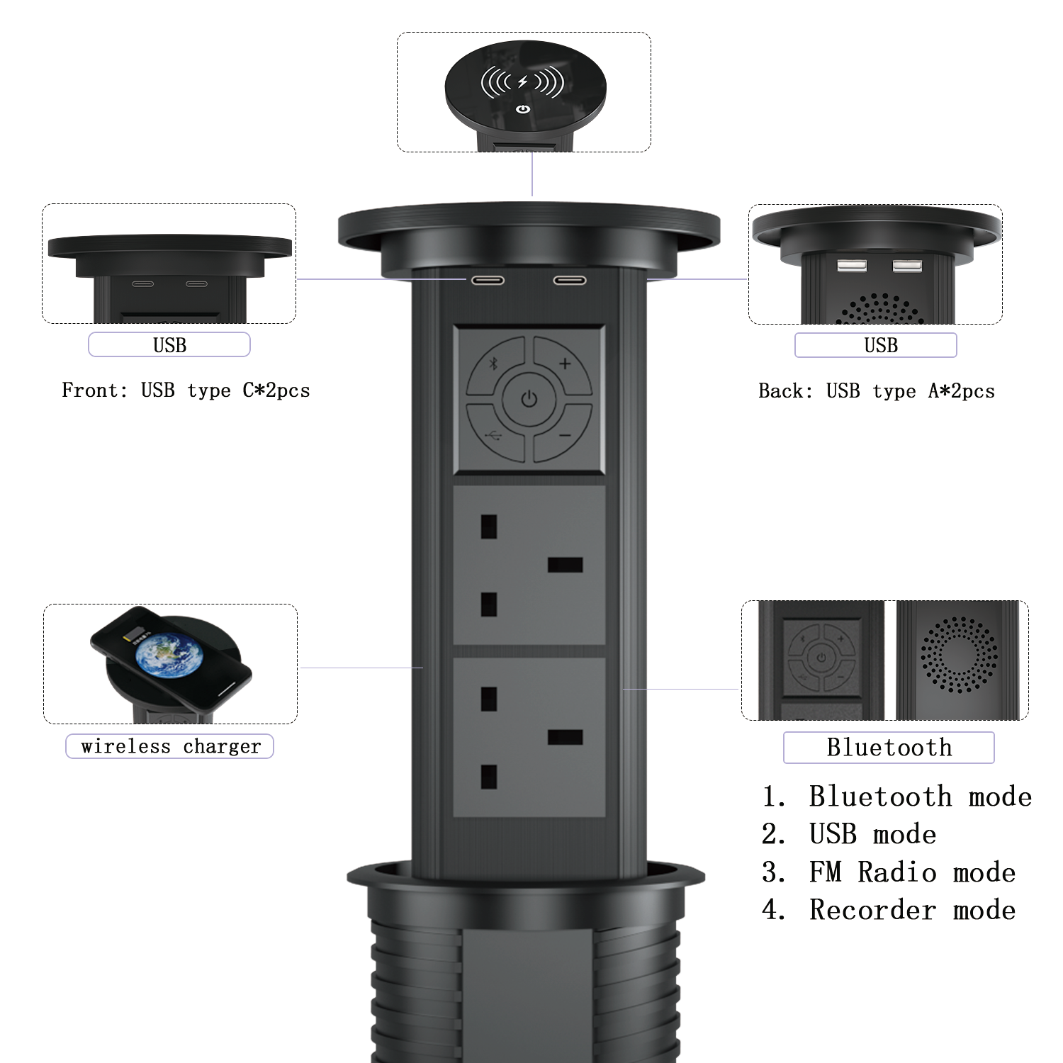 Kitchen Pop Up Hidden Outlet Office Desktop Motorized Smart Pop Up Socket With 2 Plug 4 USB Port 15W Wireless Charger 1 Speaker