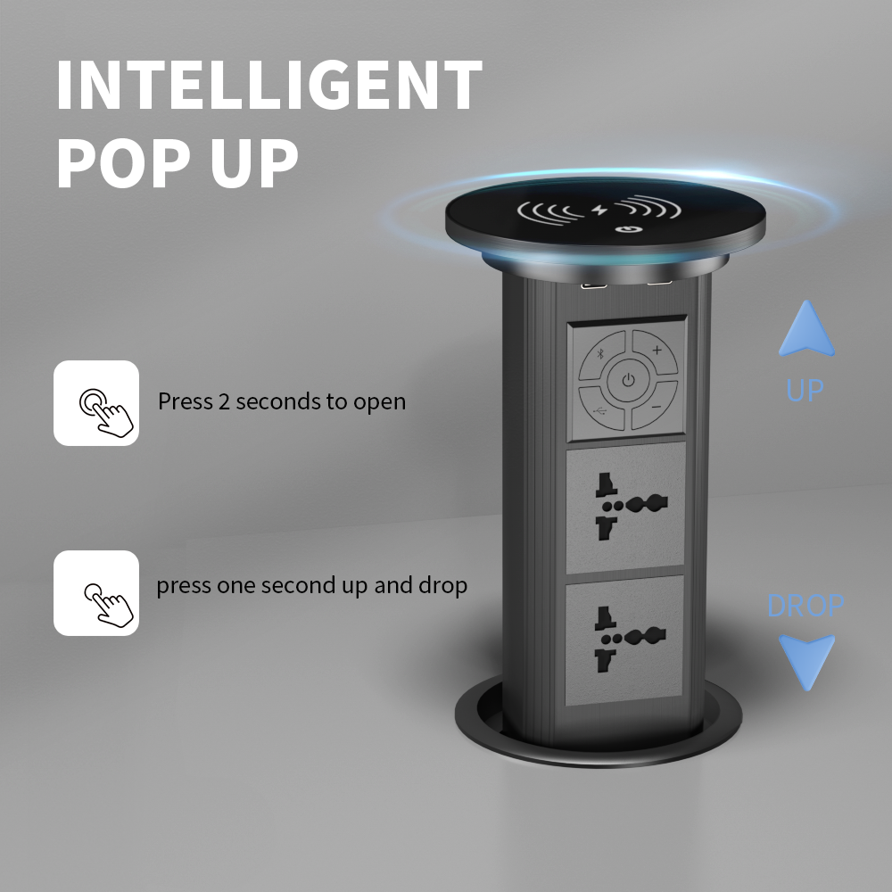 Pop Up Hidden Outlet Furniture Kitchen Office Worktop Countertop Smart Motorized Pop Up Socket 15W Wireless Charger 4 USB Ports