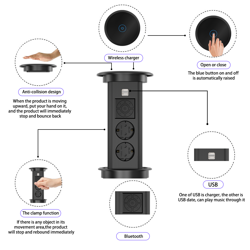 Office Wireless multi socket extension cord electric Lifting Smart  Auto Pop Up Hidden Sockets