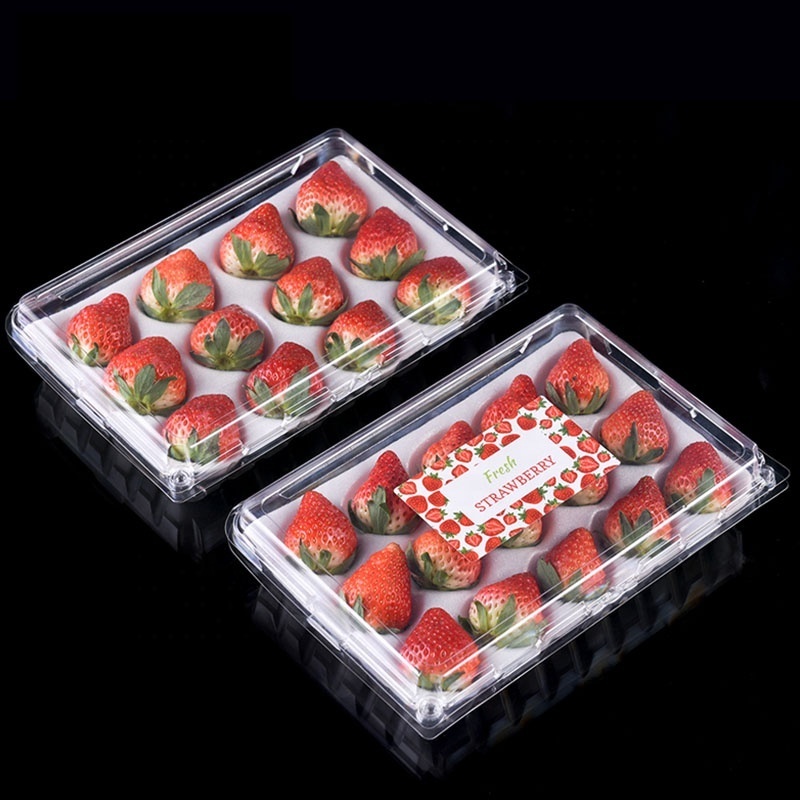 Clear Strawberry Shaped Plastic Food Strawberry Box For Packing, 11 12 15 20 Holes Take away Trays Strawberry Container for Food