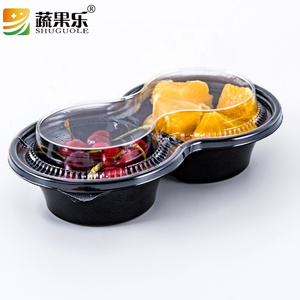 Disposable 2 division plastic split fresh cut fruit food salad container with separate lid