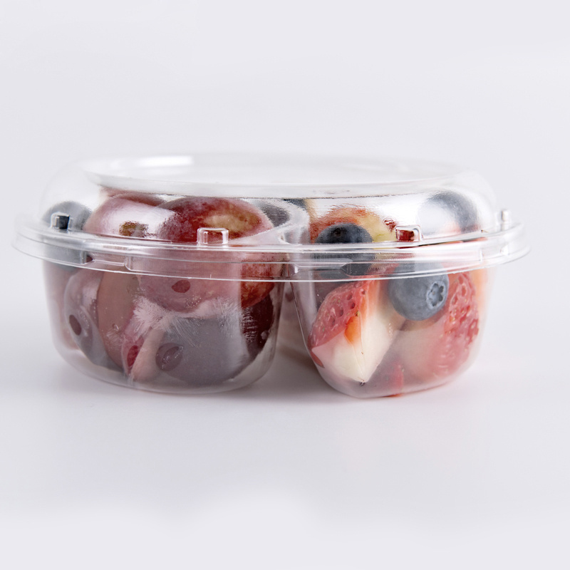 Food grade clear PET take away packaging container fresh fruit salad box with two compartments