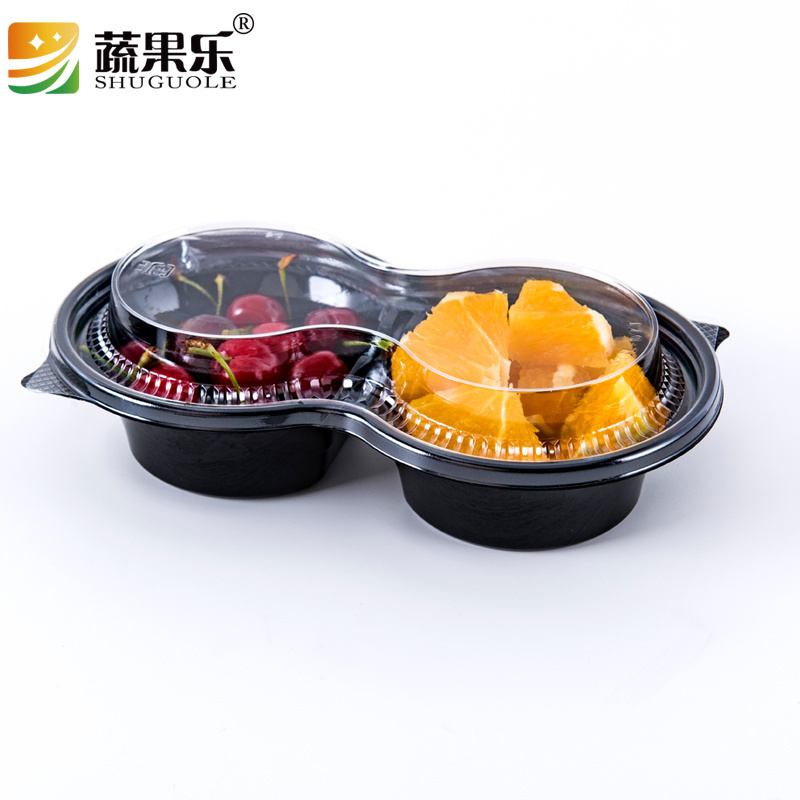 Disposable 2 division plastic split fresh cut fruit food salad container with separate lid