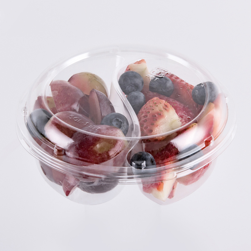 Food grade clear PET take away packaging container fresh fruit salad box with two compartments