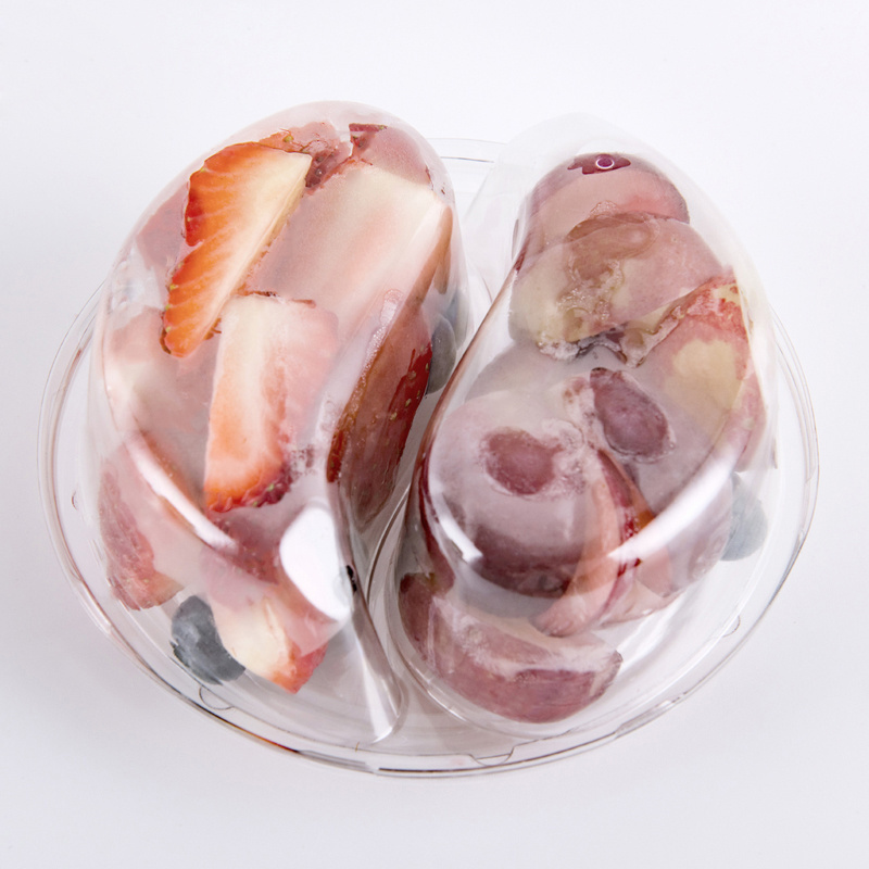 Food grade clear PET take away packaging container fresh fruit salad box with two compartments