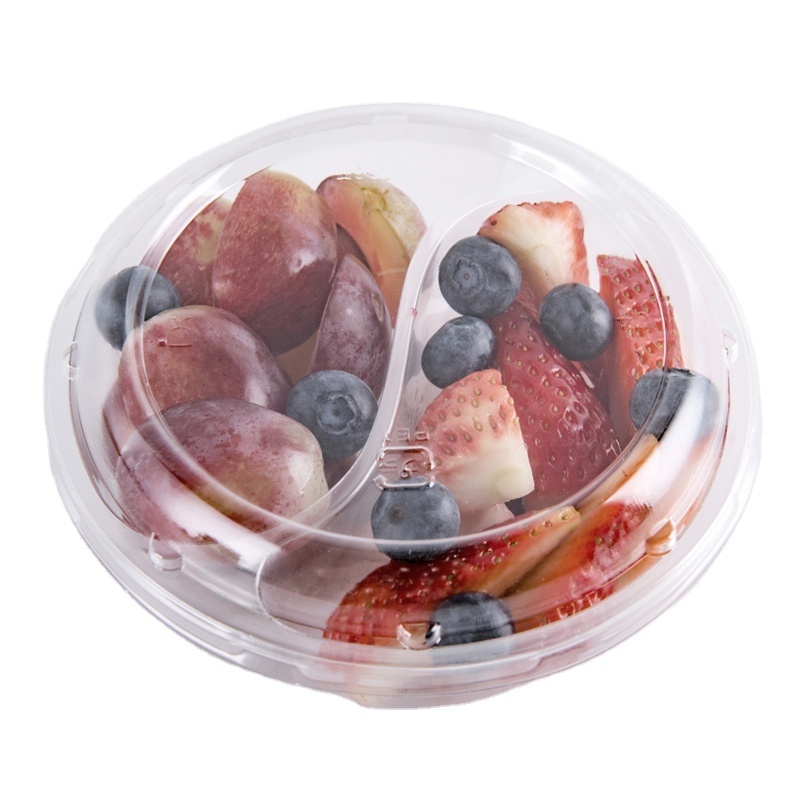 Food grade clear PET take away packaging container fresh fruit salad box with two compartments