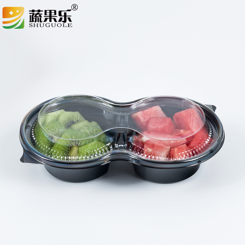 Disposable 2 division plastic split fresh cut fruit food salad container with separate lid