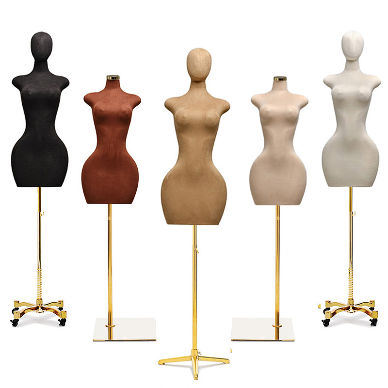 Mannequin women dress form PU Frosted velvet size big hips bust BBL half body curvy mannequins female torso golden wheel stand