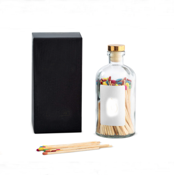 Custom size long black matches in glass jar without matches