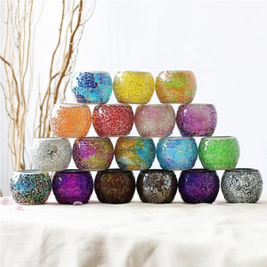 Shanghai Linlang Hot Sale Handmade Pattern Red Blue Mosaic Glass Bowl Mosaic Glass Tea light Candle Holder