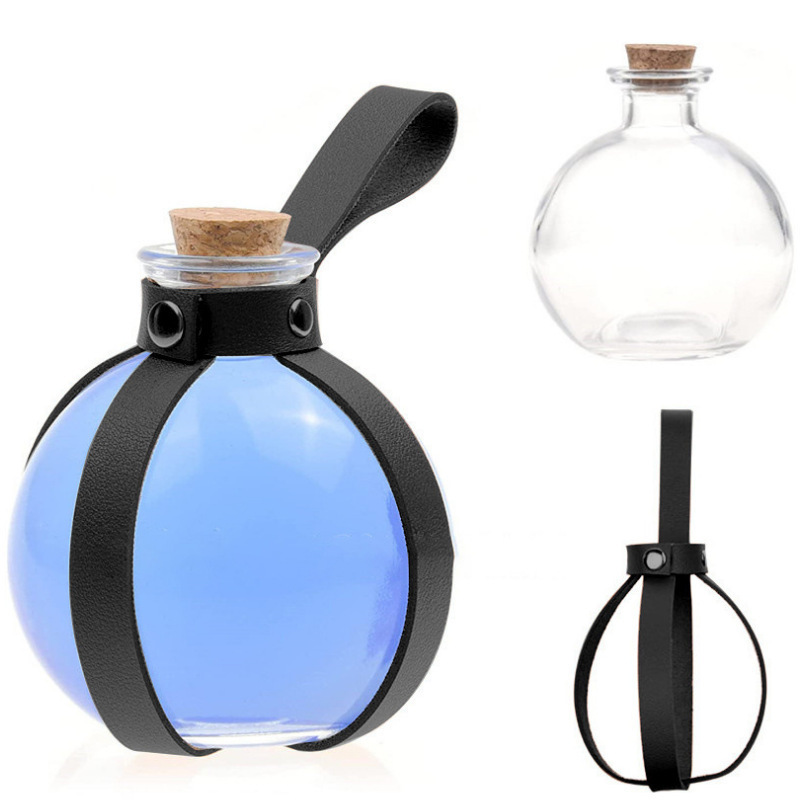 Wholesale Halloween Cosplay Dark Magic Cork Potion Bottle Spherical Glass Bottle with Leather Belt Magic Potion Bottle