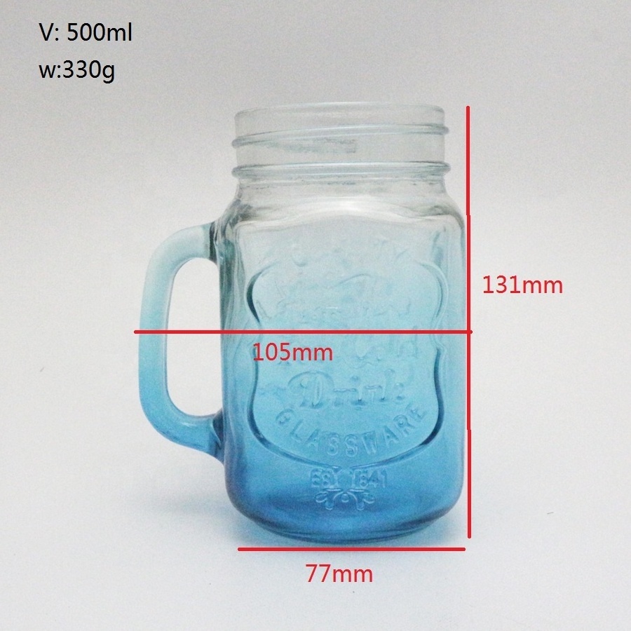 Shanghai 500ml turquoise painted color mason glass jar with handle and metal lid