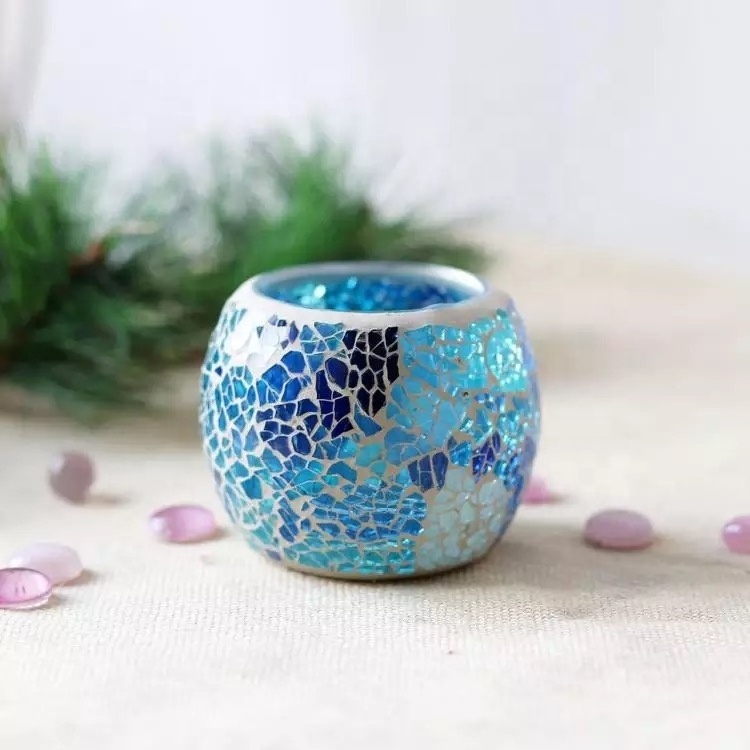 Shanghai Linlang Hot Sale Handmade Pattern Red Blue Mosaic Glass Bowl Mosaic Glass Tea light Candle Holder