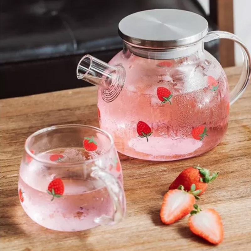 Big Transparent Glass Teapot Heat Resistant Large Clear Tea Pot With Strawberry Print Flower Tea Set Kettle Household