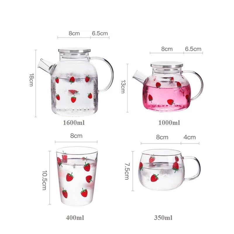 Big Transparent Glass Teapot Heat Resistant Large Clear Tea Pot With Strawberry Print Flower Tea Set Kettle Household