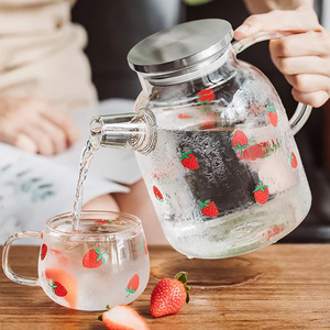 Big Transparent Glass Teapot Heat Resistant Large Clear Tea Pot With Strawberry Print Flower Tea Set Kettle Household