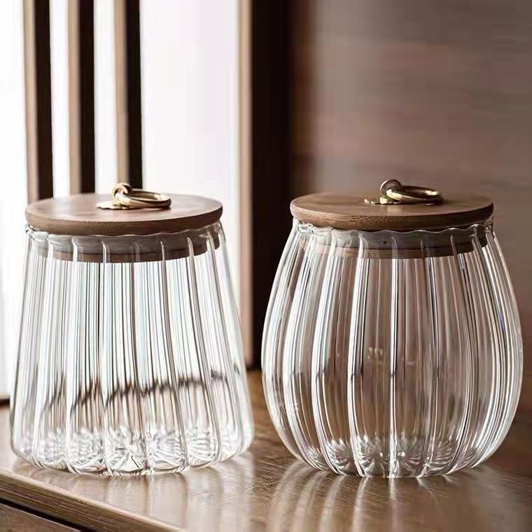 Handmade High Borosilicate Pumpkin Shaped Ripple Food StorageGlass Jars With Wood Lid