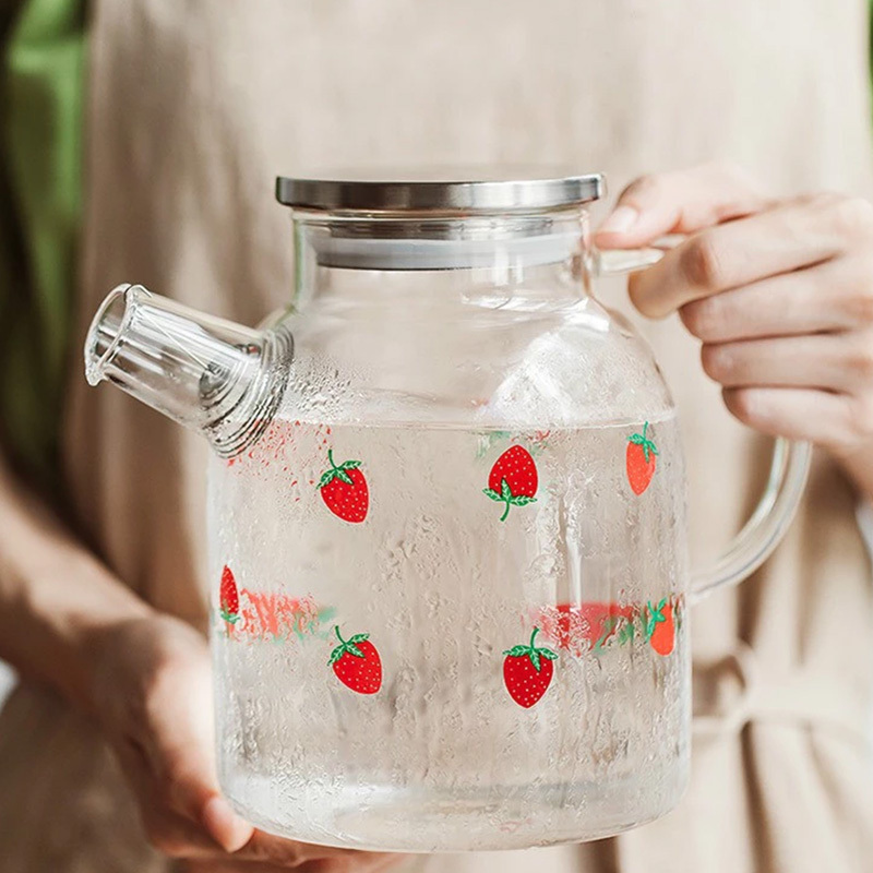 Big Transparent Glass Teapot Heat Resistant Large Clear Tea Pot With Strawberry Print Flower Tea Set Kettle Household