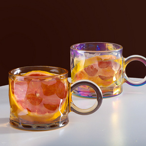 Heat Resistant Glass Mug 400ml 13oz Clear Rainbow Amber Grey Heavy Cup with Big Ringed Handle Milk Coffee Breakfast Glass Cup